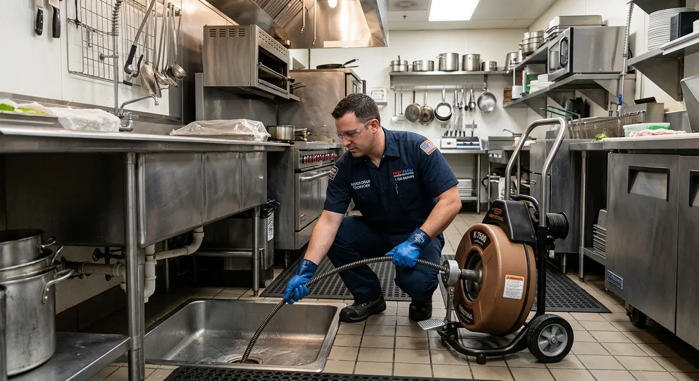 Commercial drain cleaning service in a restaurant kitchen in Avon Lake