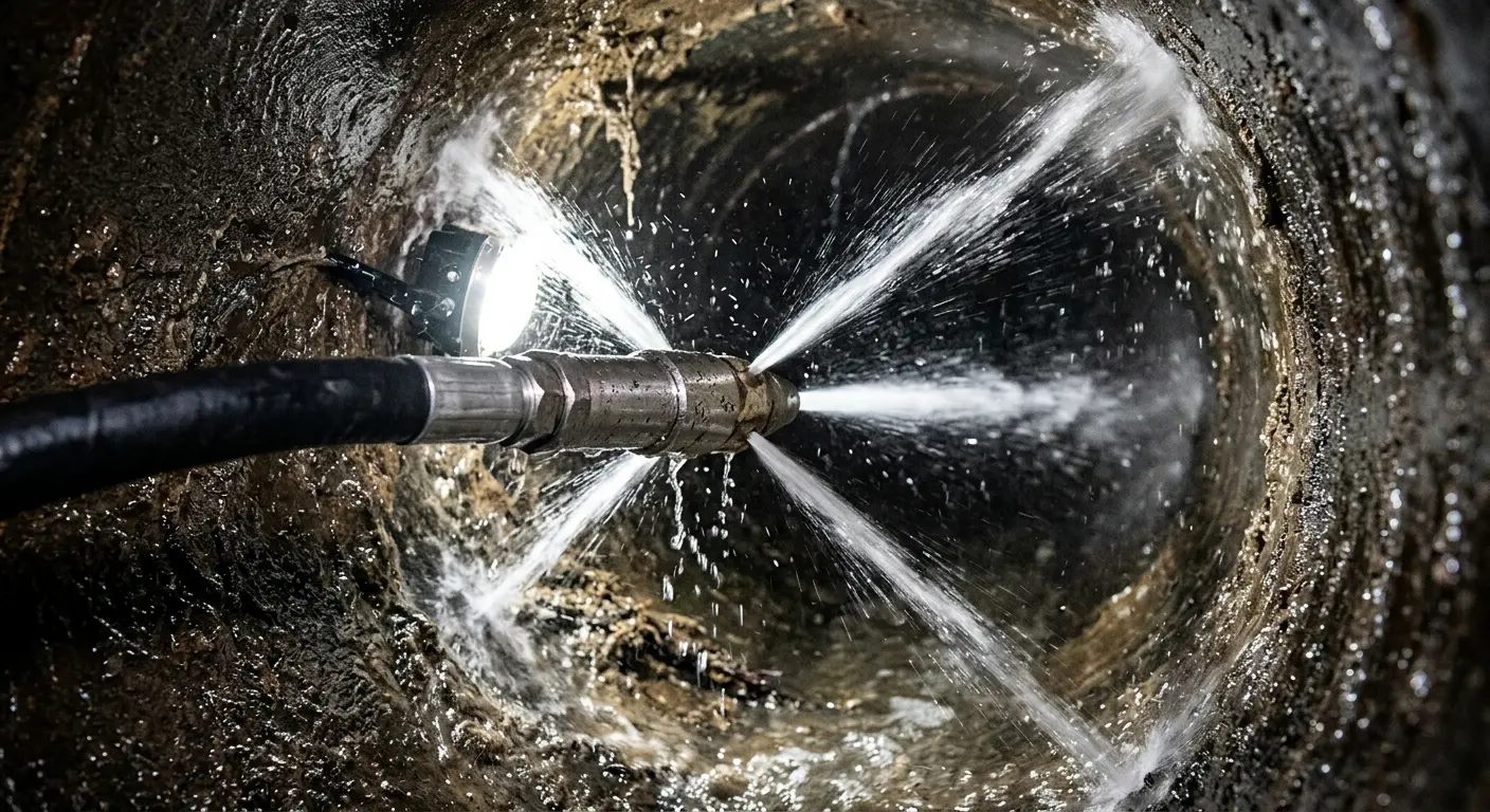 High-pressure hydro jetting nozzle cleaning sewer pipe for Emergency Drain Service in Avon Lake