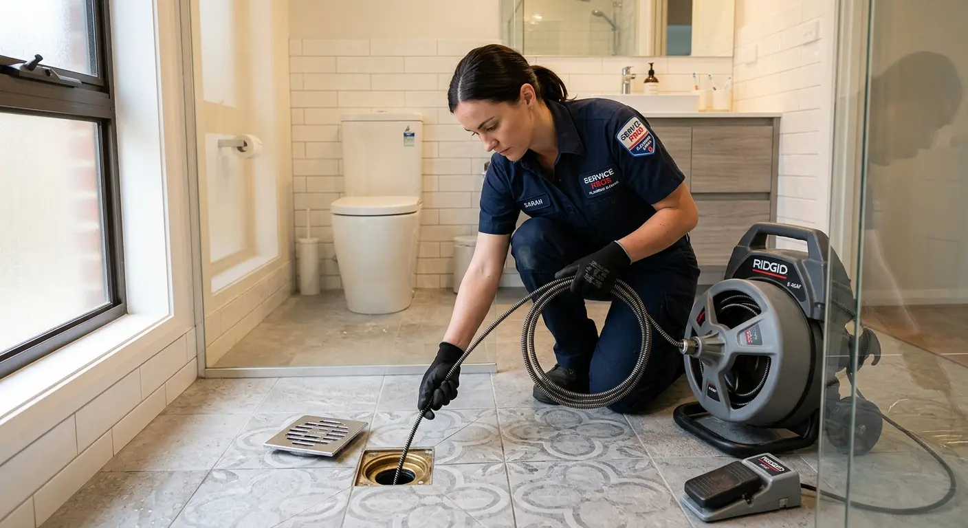 Technician clearing a bathroom floor drain for Drain Cleaning in Avon Lake